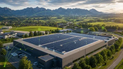 Großes Industriegebäude mit Solarmodulen auf dem Dach und grünen Landschaften und Bergen im Hintergrund. Grafiken für die Darstellung eines Ertragsgutachtens für Solaranlagen