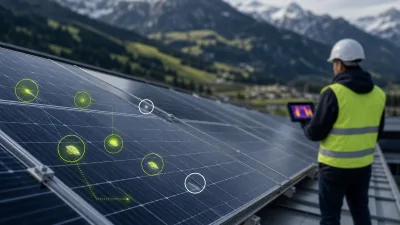 Techniker inspiziert Solarmodule auf einem Gebäudedach mit Tablet; beschädigte Stellen sind grün markiert auf Panels. Erstellt wird ein Schadensgutachten für eine Photovoltaikanlage
