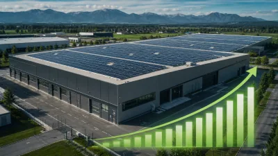 Großes Industriegebäude mit Solarpaneelen auf dem Dach vor Bergen und steigender grüner Grafik zur Darstellung eines Wertgutachtens für Photovoltaikanlagen.